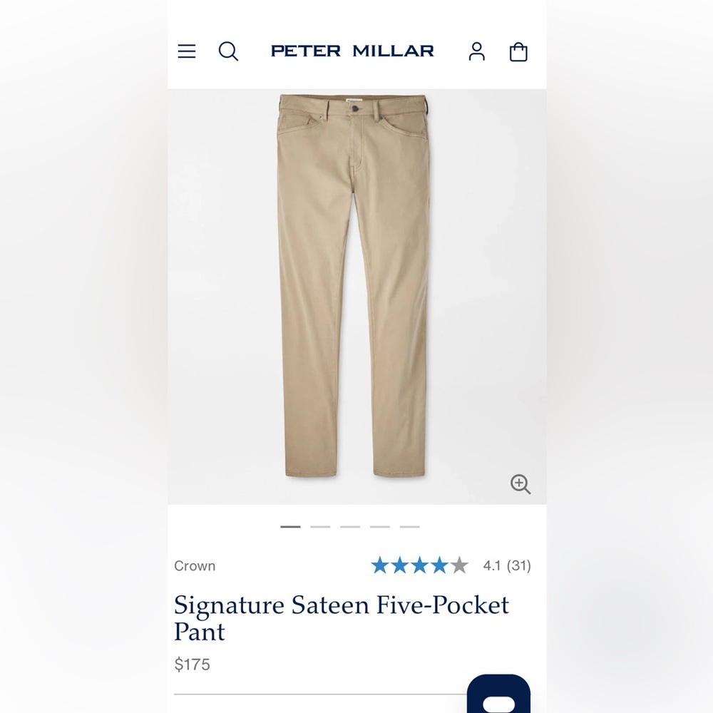 Peter Millar 38x30 Khaki MF15B93 Ultimate Sateen 5 Pocket Mens Casual Pants